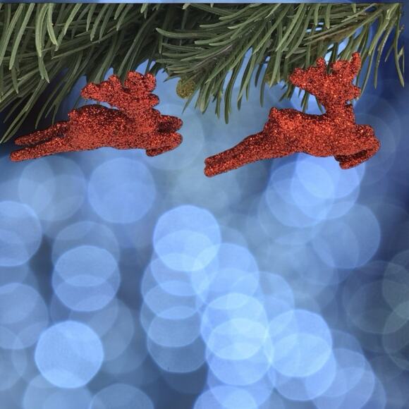 10 Red Reindeer Mini Tree Christmas Tree Ornament Glitter - Picture 2 of 4
